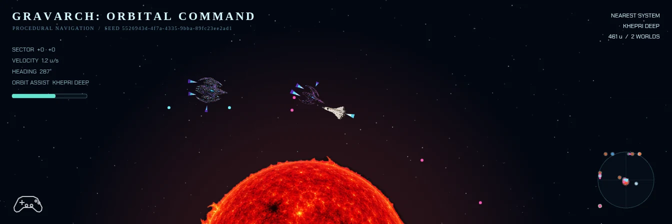 GravArch gameplay with the player exchanging fire with hostile ships near a red sun